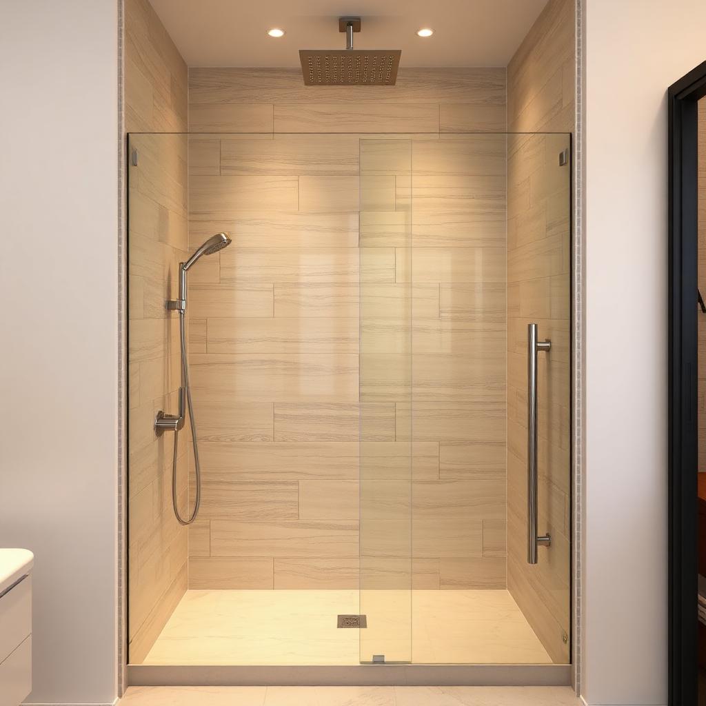 Stone wall panels · Frameless glass · Brushed nickel