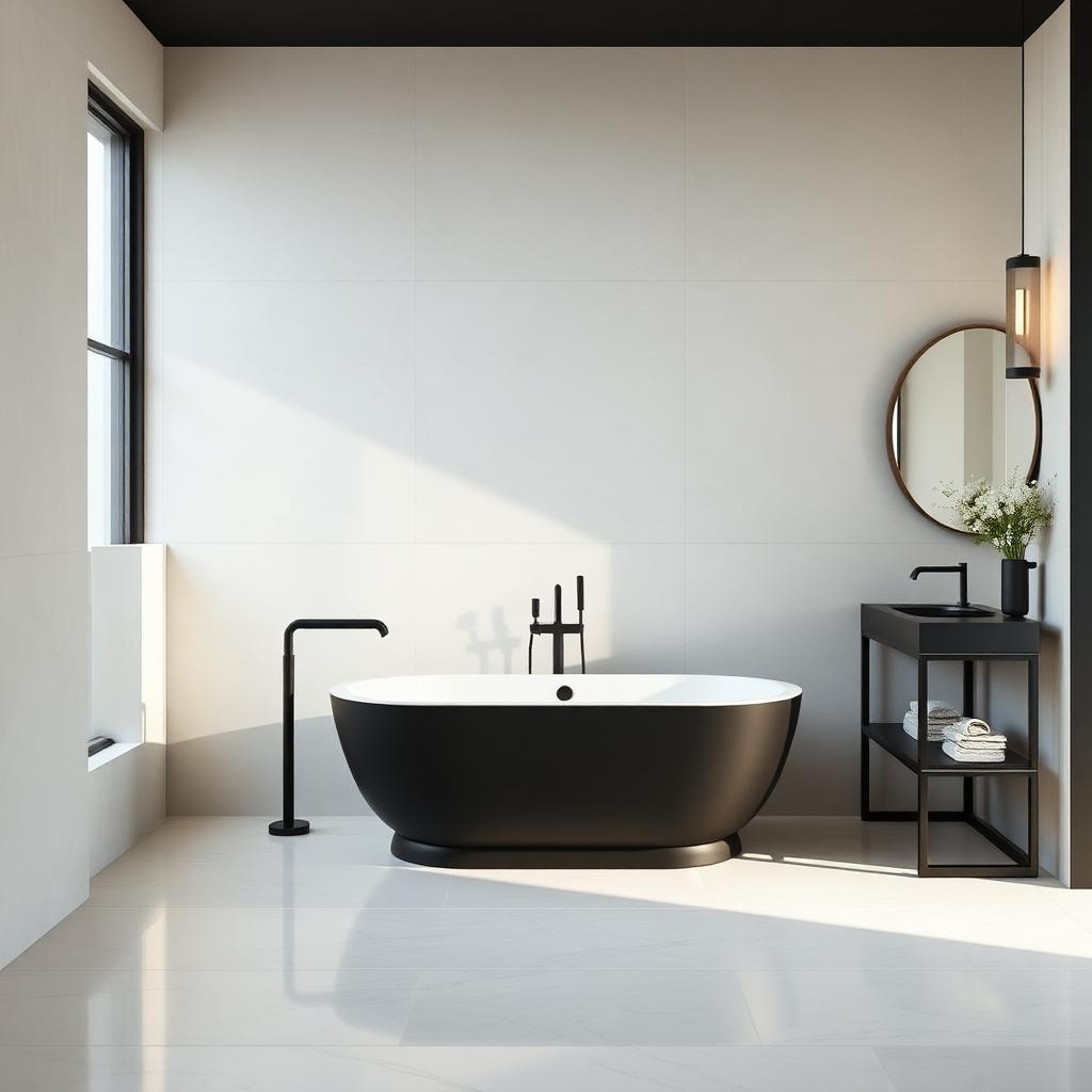 Freestanding tub · Matte black trim · Spa finishes