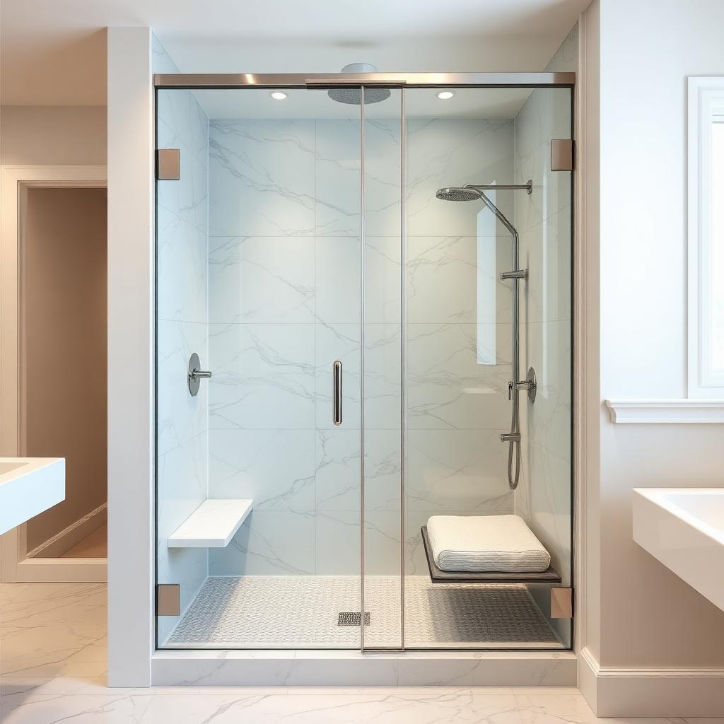 Modern shower conversion · Marble panels · Floating bench
